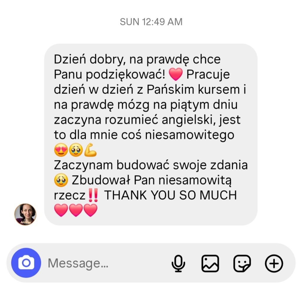 Magda dziękuje za kurs i pisze, że zaczyna budować swoje zdania.